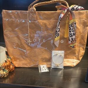 NWOT Gold Tote Bag with fashion jewelry accessories